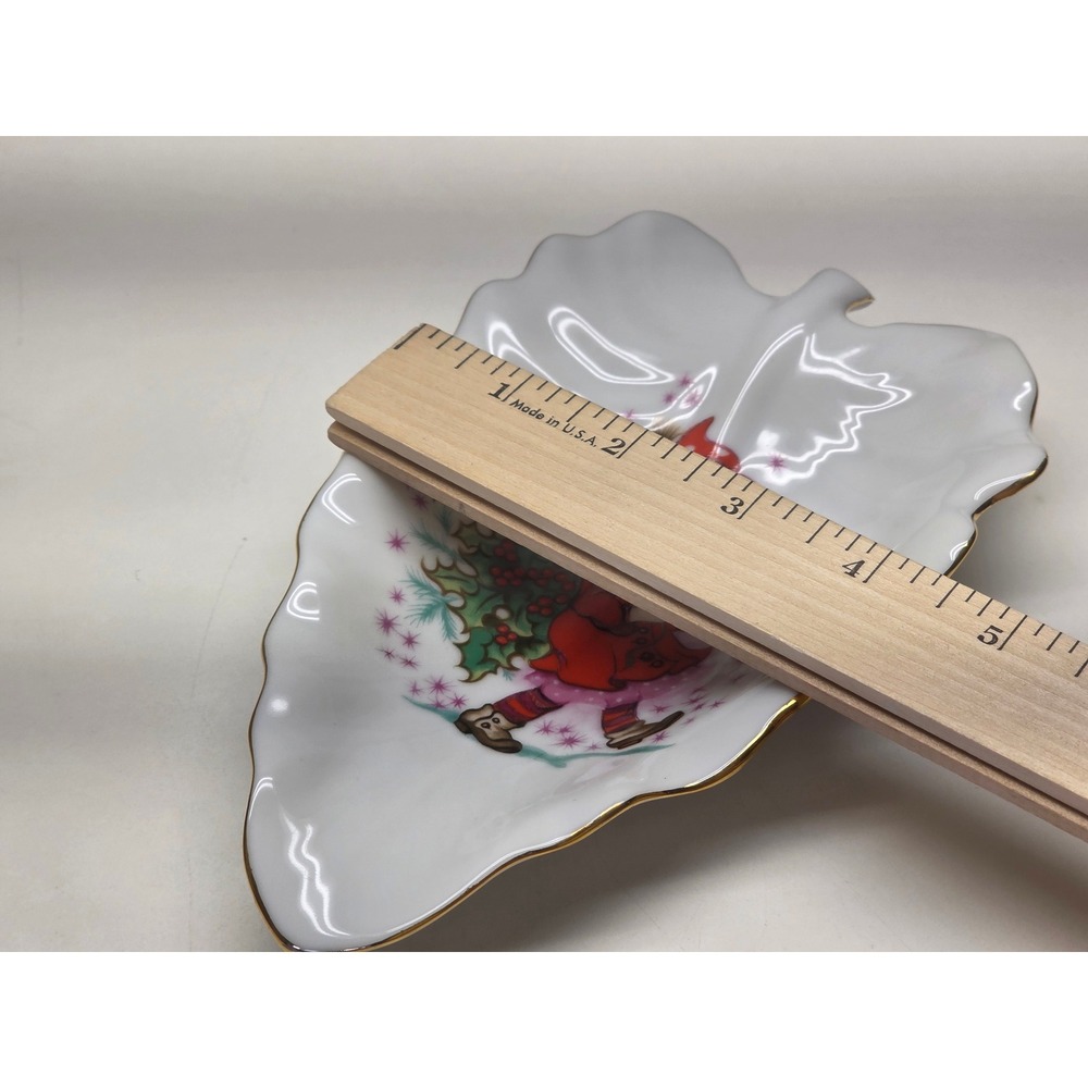 Vintage Lefton China Christmas Leaf Dish Hand Painted Girl Holly 443P Japan Gold - Picture 6 of 6
